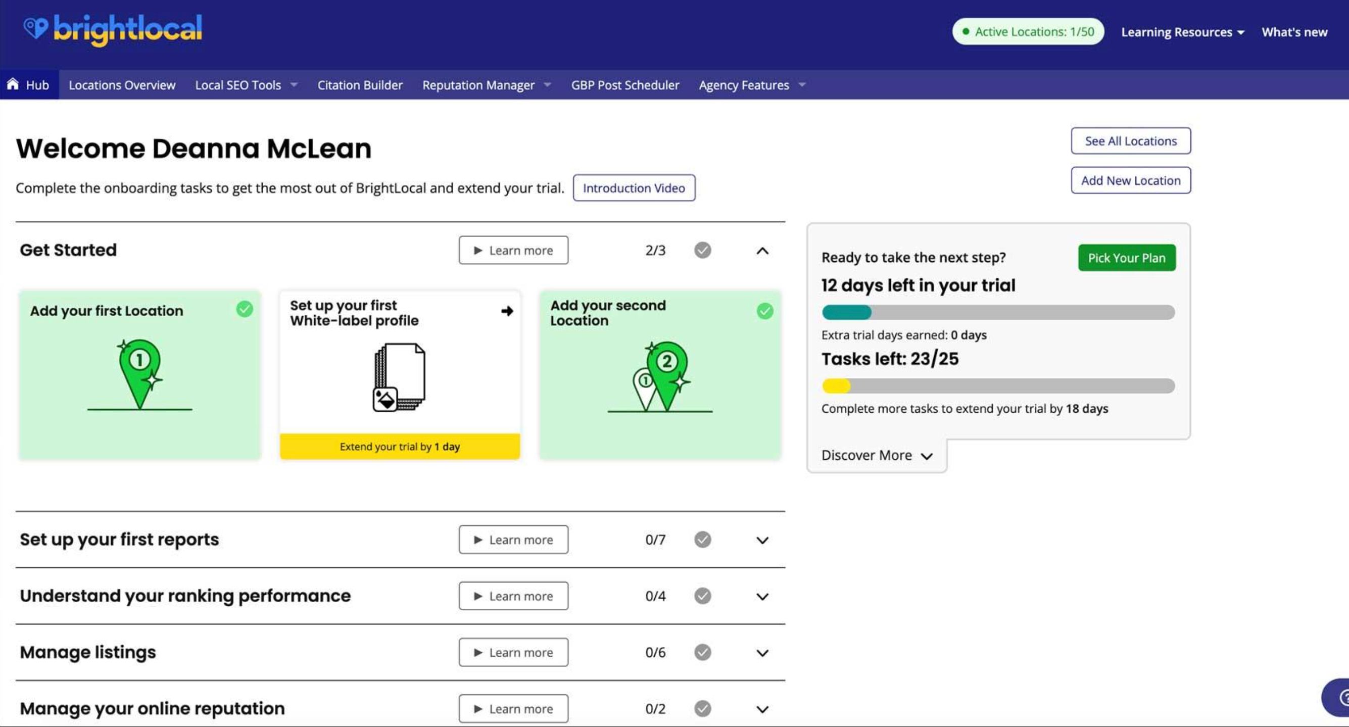 Dashboard of BrightLocal showing local search rankings, citation tracking, Google Business Profile insights, and review monitoring metrics.