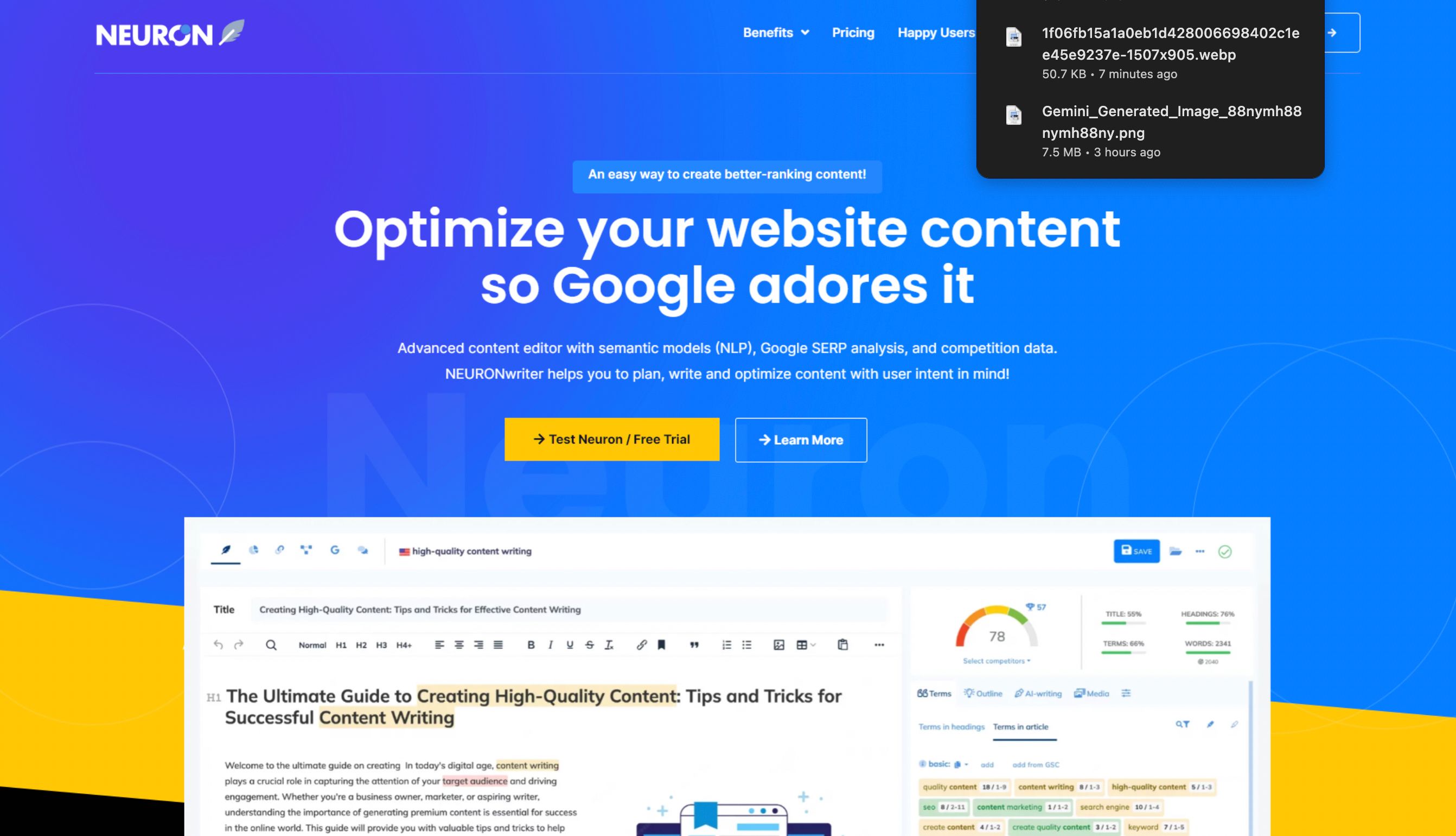 Dashboard of NeuronWriter showing NLP content scoring, keyword suggestions, and SERP-based optimization insights