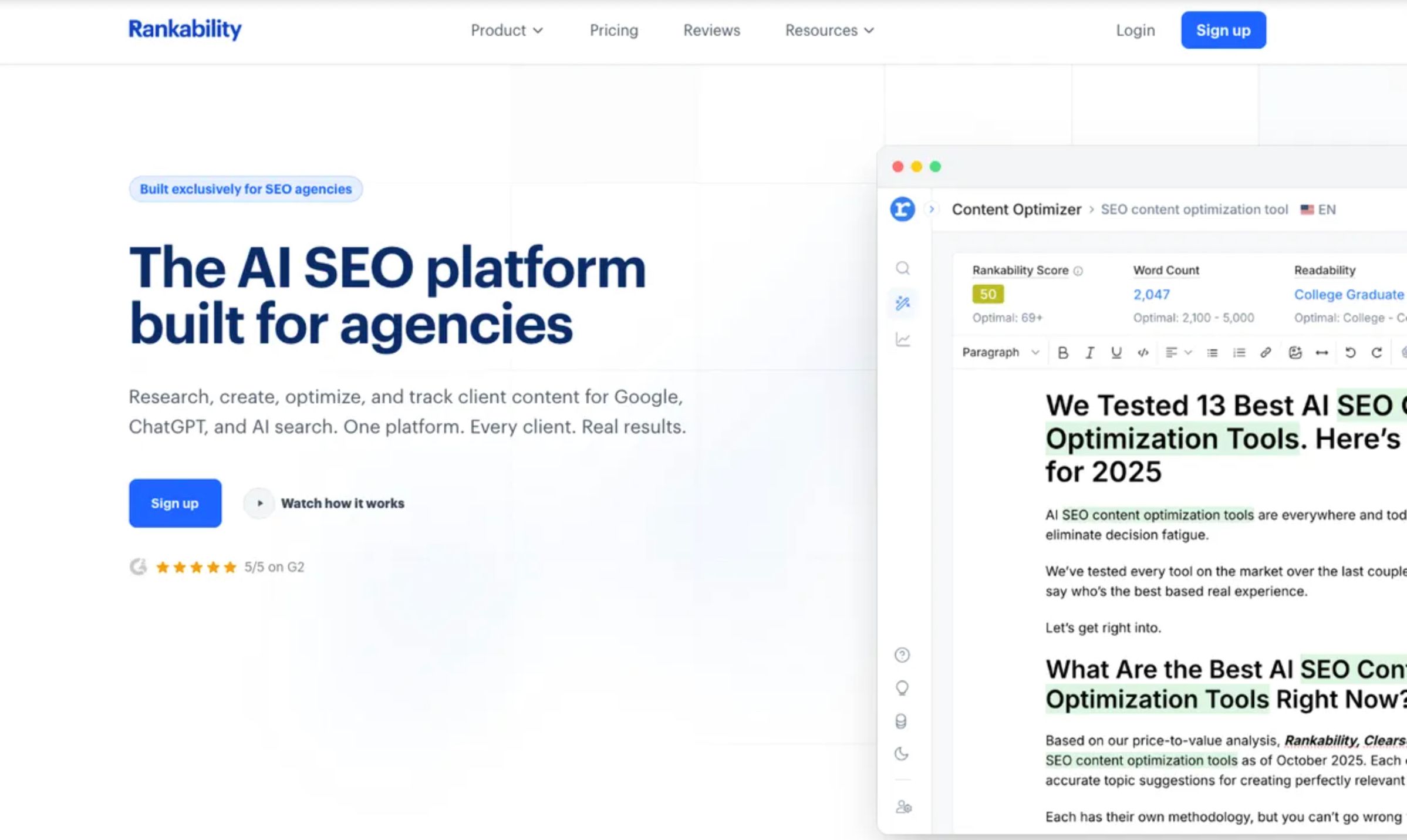 Dashboard of Rankability showing content optimization scores, keyword analysis, and SERP competitor insights